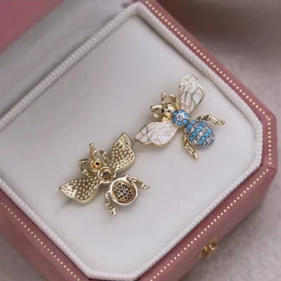 Gold Bee Earrings with Blue and White Accents - Picture 2 of 5
